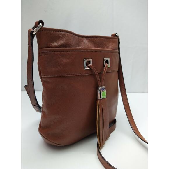 B. Makowsky Brown Leather Pocket Drawstring Tassel Crossbody Bag - Picture 2 of 13
